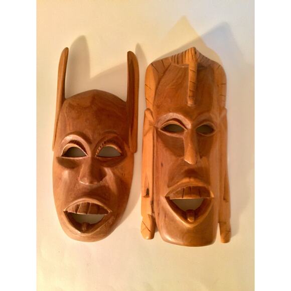 Pair of Hand Carved African Tribal Masks – Unique Wall Art, Africa Ceremonial - Picture 1 of 10